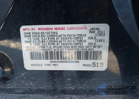 2011 Mitsubishi Outlander Es from USA, damaged, VIN JA4AS2AW3BU034386